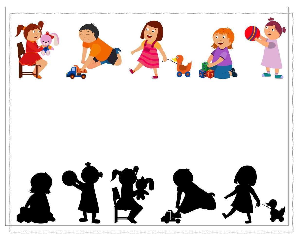 Logikspiel für Kinder Finde den richtigen Schatten. süße karikaturkinder, die mit spielzeug spielen. vektor