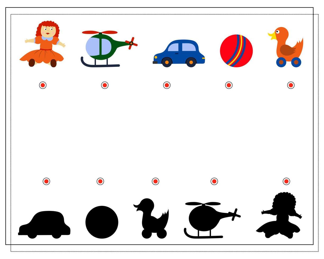 Logikspiel für Kinder, finde den richtigen Schatten. Kinderspielzeug vektor