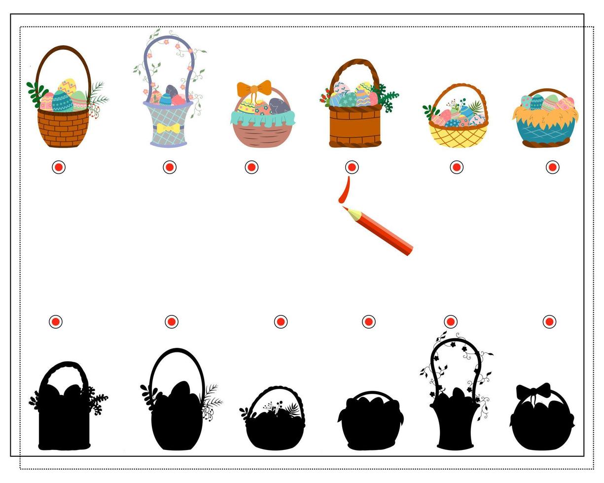 Logikspiel für Kinder Finde den richtigen Schatten. Ostereierkörbe. vektor