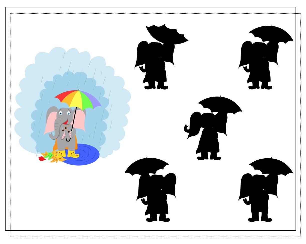 spiel für kinder den richtigen schatten finden, ein niedlicher cartoon-elefant steht mit einem regenschirm in gummistiefeln im regen. Herbst. vektor