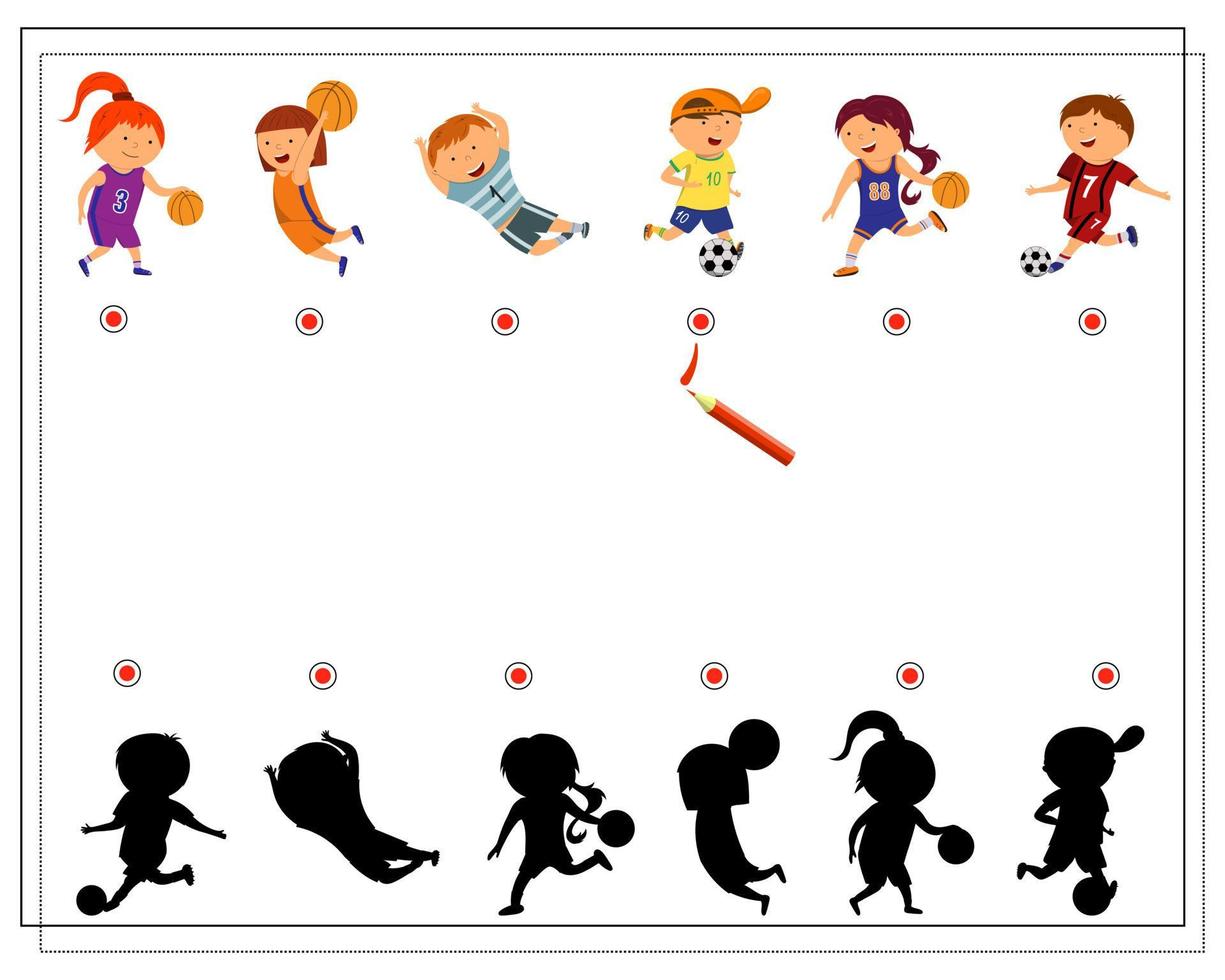 ein logisches Spiel für Kinder, um den richtigen Schatten zu finden. karikaturkinder spielen fußball und basketball vektor