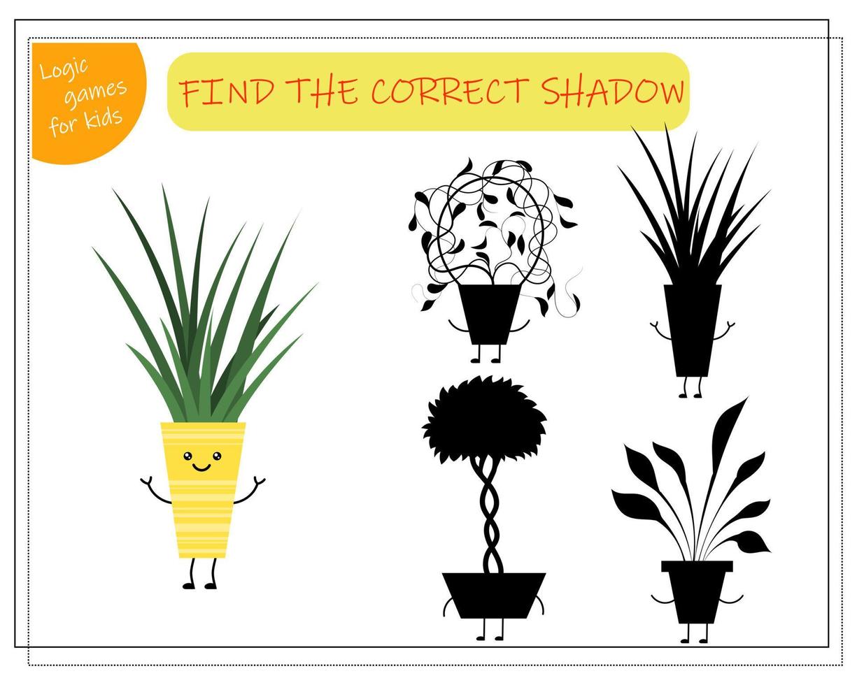 Logikspiel für Kinder Finde den richtigen Schatten, niedliche Cartoon-Blume in einem Kawaii-Topf. vektor