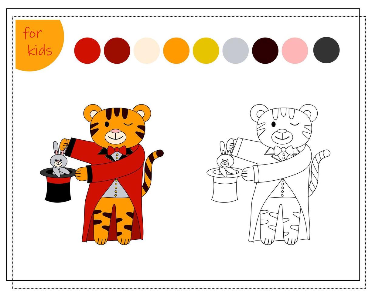 Malbuch für Kinder nach Farben. Tiger im Zirkus vektor