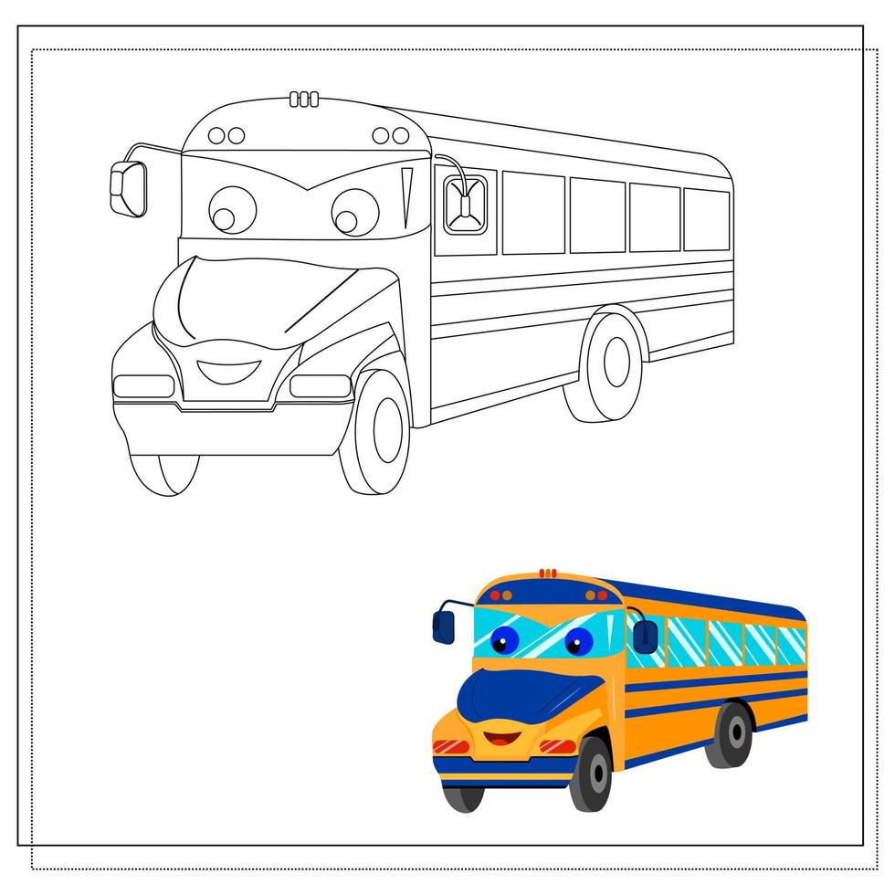 ein Zeichentrick-Schulbus-Malbuch mit Augen und einem Lächeln. Skizze und Farbversion. vektor