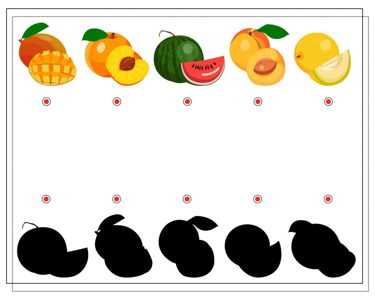 Puzzlespiel für Kinder finden Sie den richtigen Schatten, Obst. vektor
