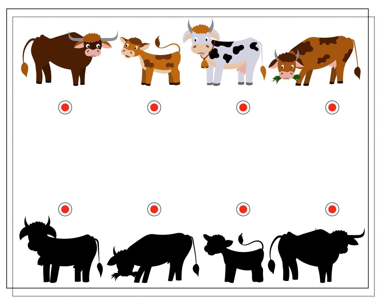 Logikspiel für Kinder Finde den richtigen Schatten. Kuh, Stier, Kalb vektor