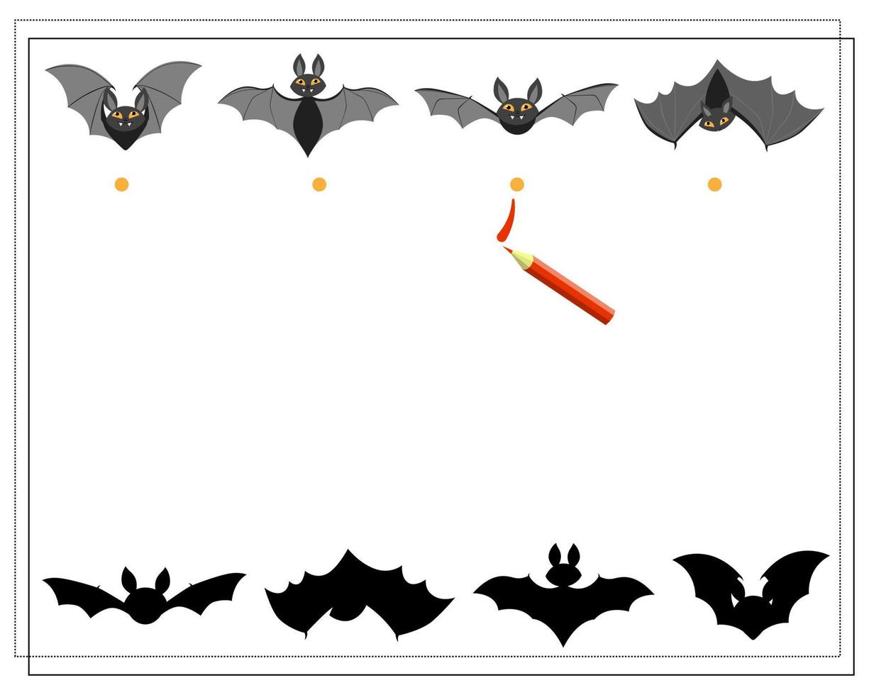 Spiel für Kinder finde den Schatten, Fledermäuse, vektor