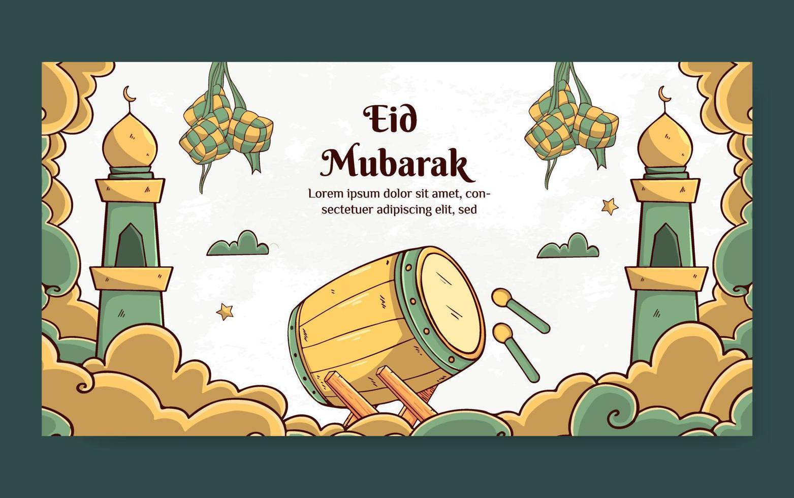 eid mubarak social-media-beitragsvorlage mit ketupat- und bedug-konzept. handgezeichneter und flacher Stil vektor