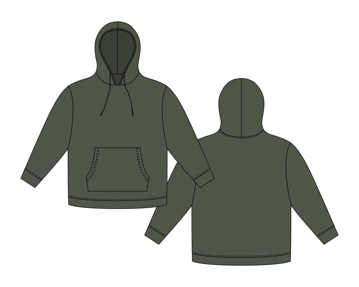 Hoodie-Vorlage in grüner Farbe. Bekleidung Hoody technische Skizze Mockup. vektor