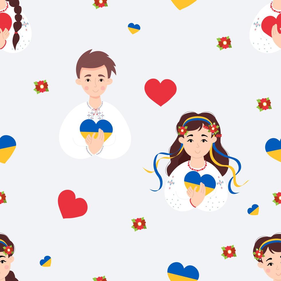 patriotiska ukrainska sömlösa mönster. söt ukrainska pojke och flicka i traditionella broderade kläder i blommig krans med band med gul-blått hjärta på vit bakgrund. vektor illustration