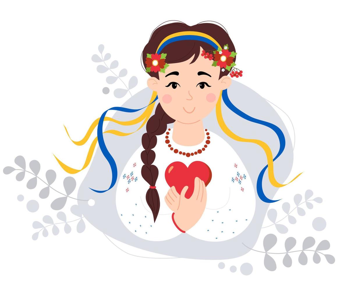 söt ukrainsk tjej med lång fläta, i traditionella broderade kläder och blomsterkrans med gula och blåa band. färgen på ukrainska flaggan. i händerna på rött hjärta. vektor illustration