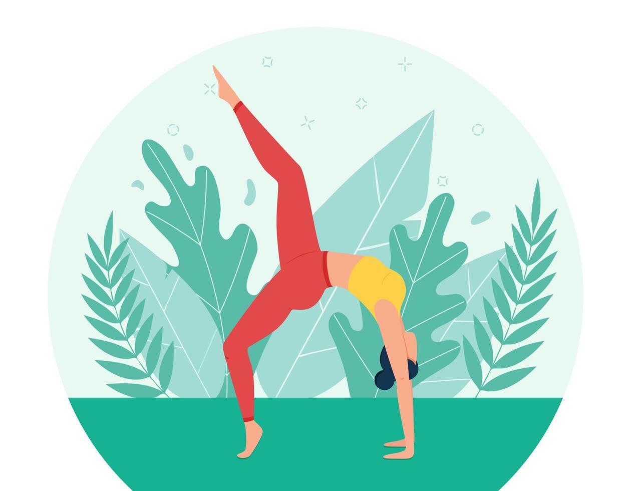 Ein Mädchen macht Yoga im Park. das Konzept des Outdoor-Yoga. die Praxis von Yoga in der Natur. flacher Stil. Mädchen in der Bridge-Pose. eine weibliche Zeichentrickfigur auf einem Hintergrund aus Blättern und Gras vektor
