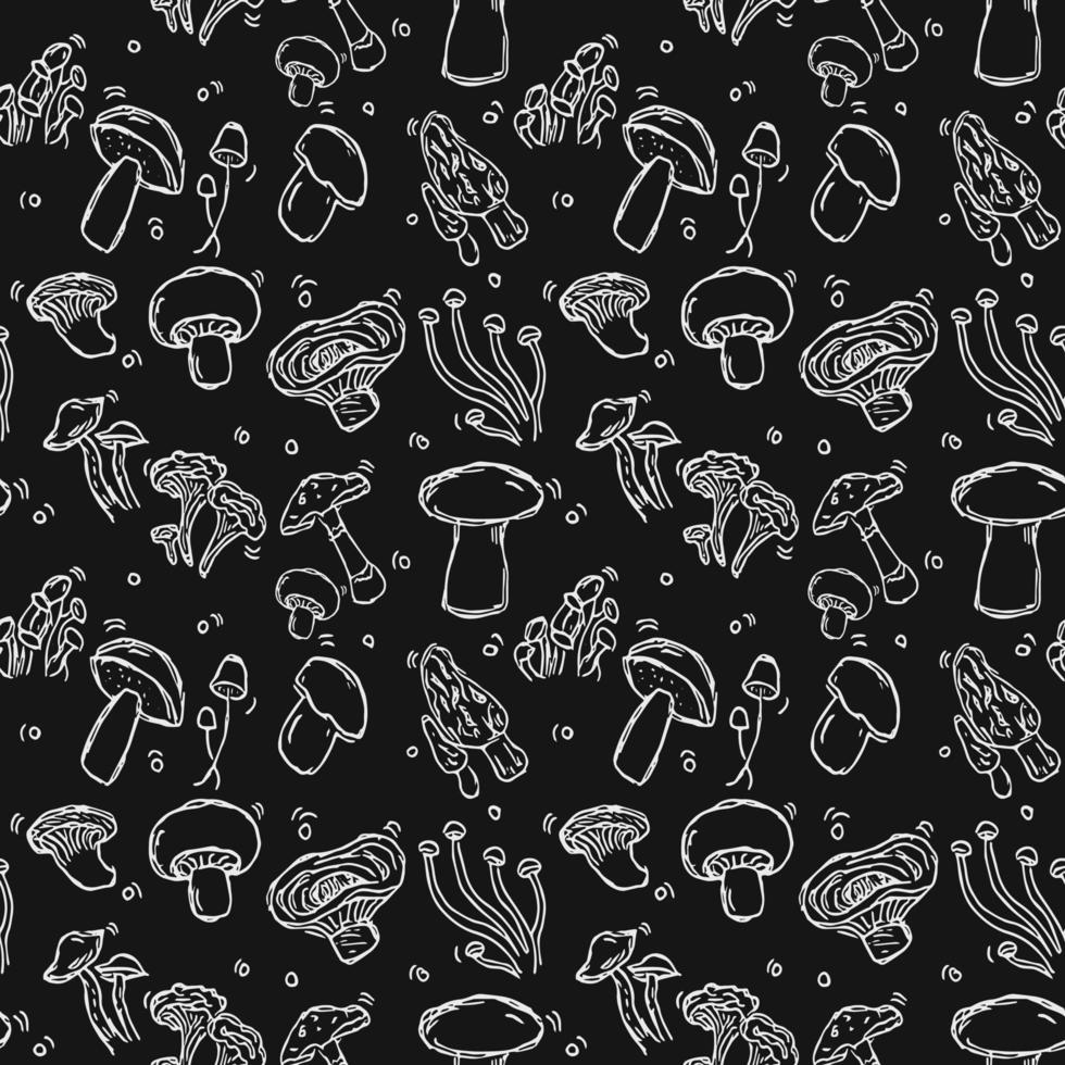Nahtloses Vektormuster mit Pilzen. Gekritzelvektor mit Pilzikonen auf schwarzem Hintergrund. Vintage Pilzmuster, süße Elemente Hintergrund für Ihr Projekt, Menü, Café-Shop vektor