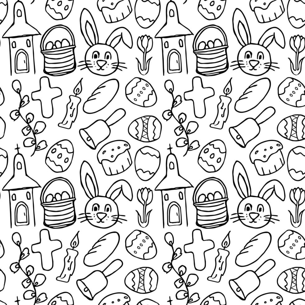 påskmönster. seamless mönster med påsk ikoner. kreativ påskbakgrund med ägg, kanin, kanin, påsktårta, blommor, pilgren och kyrka vektor