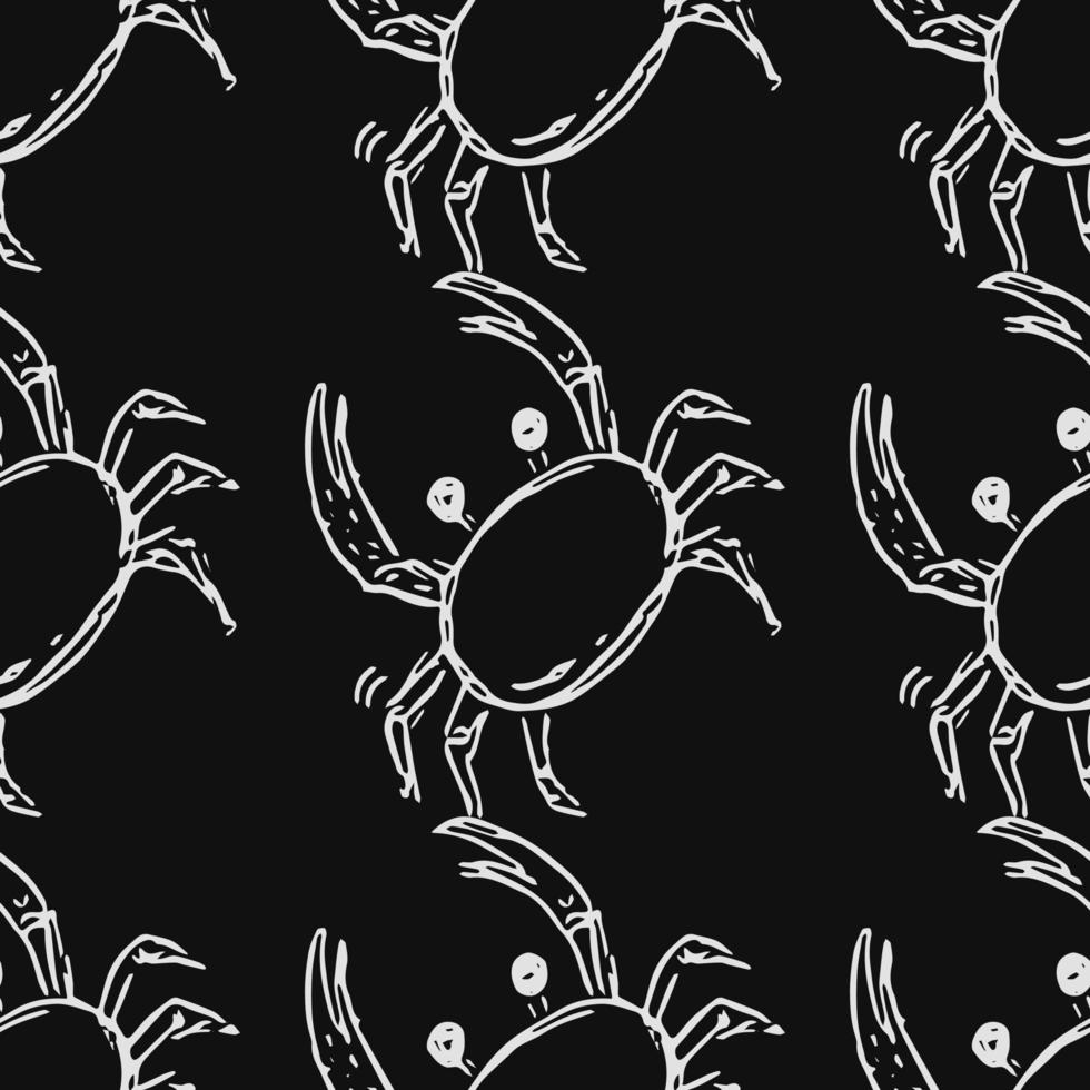 Nahtloses Vektormuster mit Krabben. Gekritzelvektor mit Krabbenikonen auf schwarzem Hintergrund. Vintage Krabbenmuster vektor