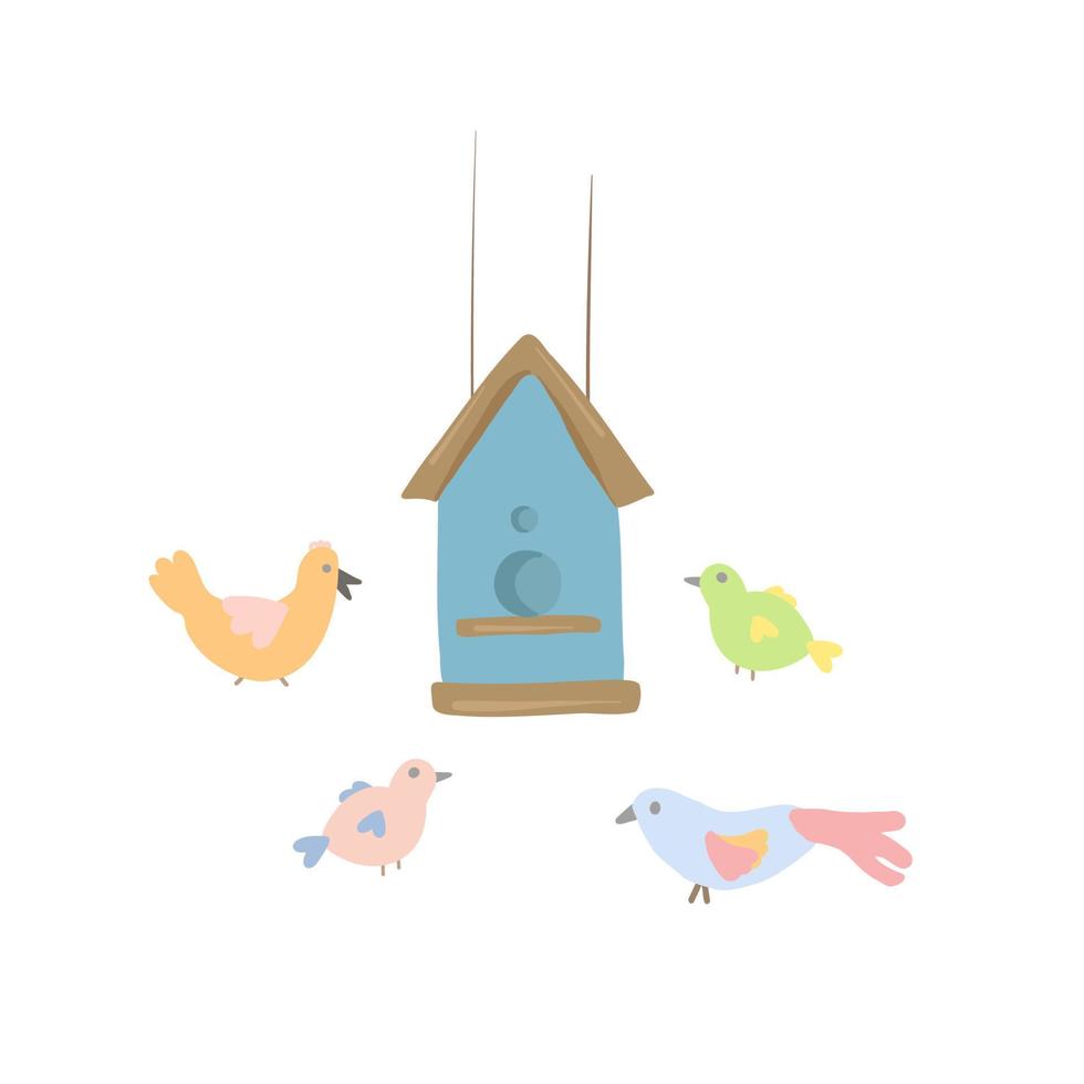 gezeichnetes vogelhaus und karikaturvögel. Haus für Vögel. Kinderillustration vektor