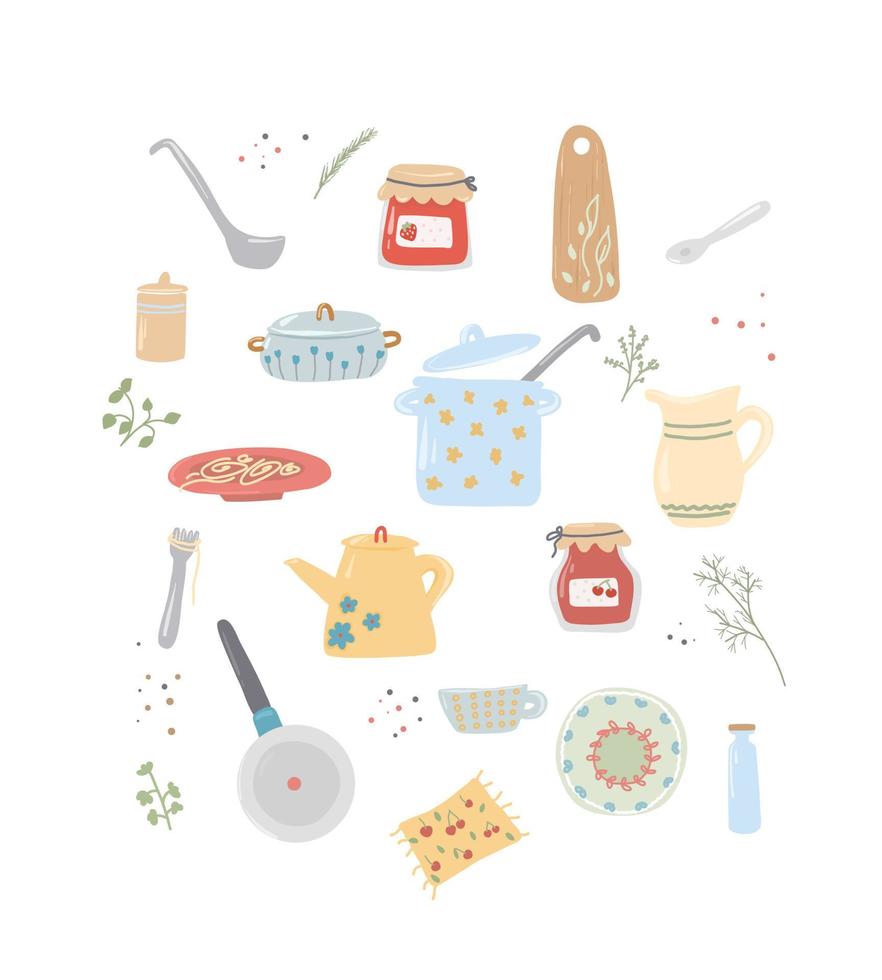Vektor handgezeichnetes Geschirrset. Abbildung Töpfe, Pfannen, Teller. Utensilien zum Kochen. Küchenutensilien.