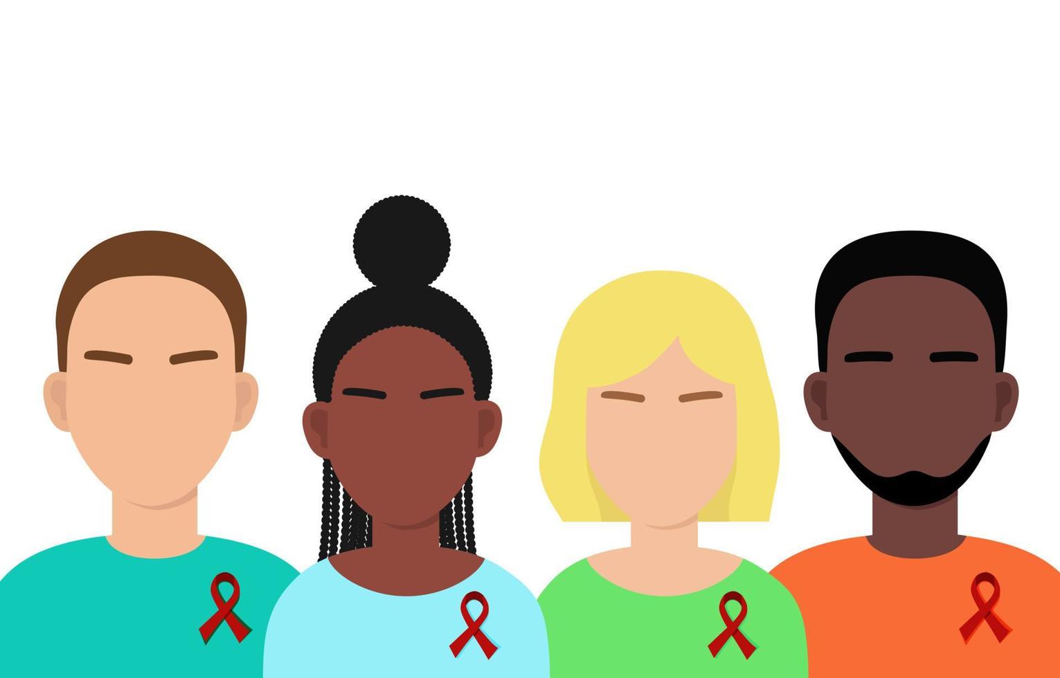 menschen verschiedener rassen mit roter schleife. symbol der solidarität mit hiv-positiven und mit aids lebenden menschen. isolierte Vektorillustration vektor