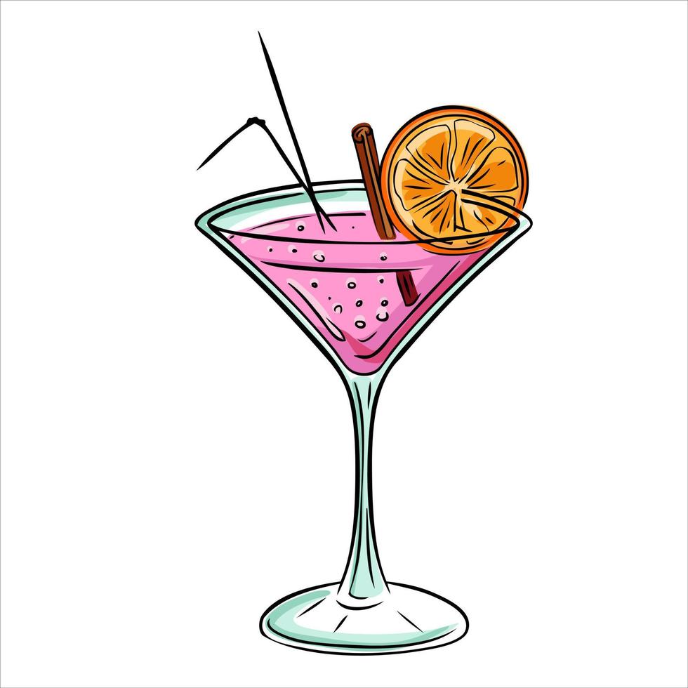 alkoholisches sommergetränk mit orange und likör. stilvoller handgezeichneter rosa Cocktail vektor