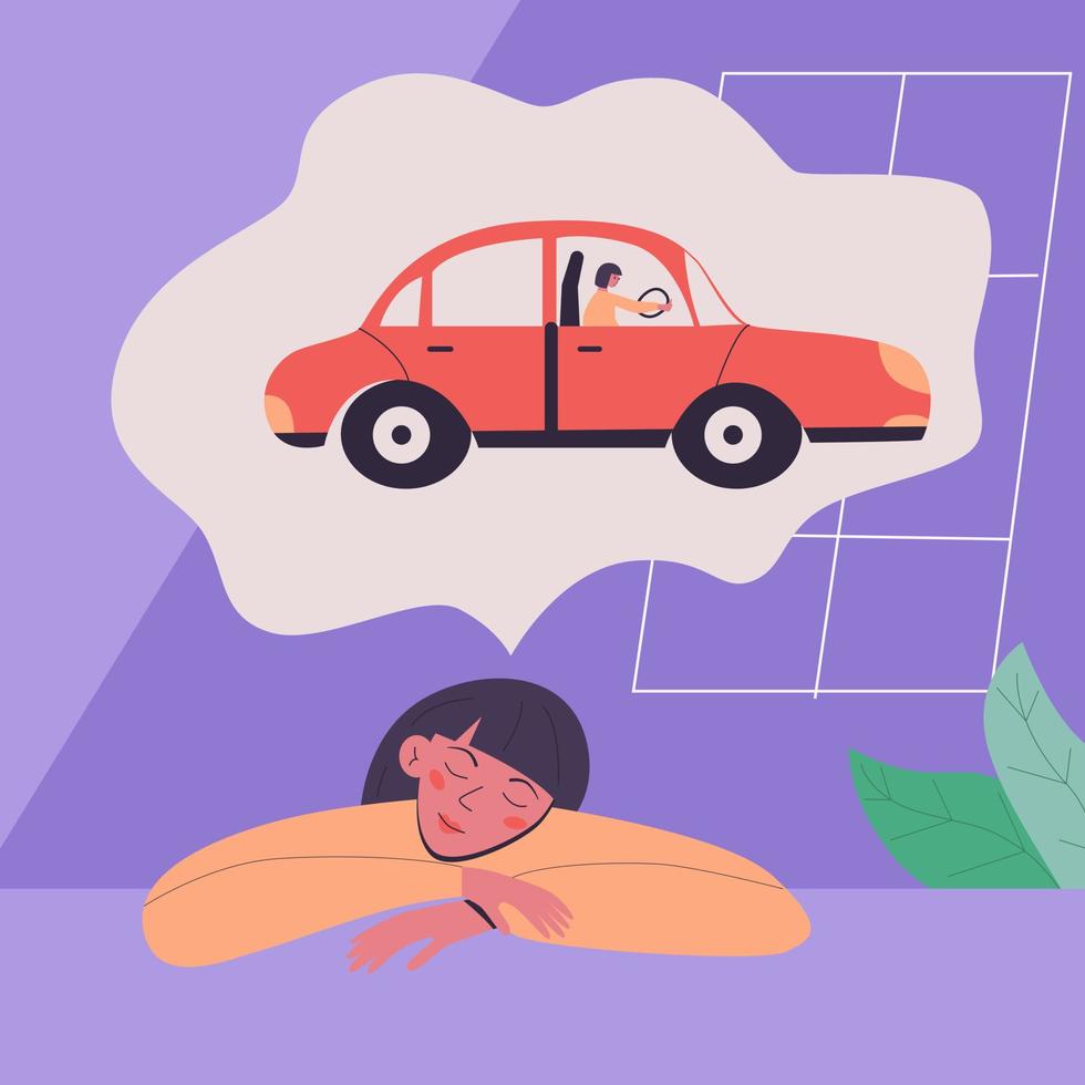 ung flicka drömmer om hur hon ska köra bil. platt vektor isolerade modern illustration i trendiga färger.