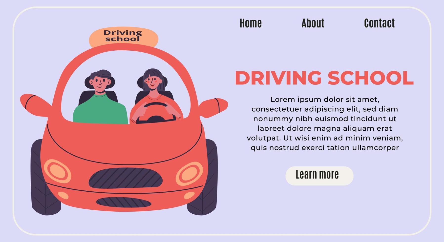 Banner-Konzept der Fahrschule. junge frau fährt kleines rotes auto mit lehrer. vektor