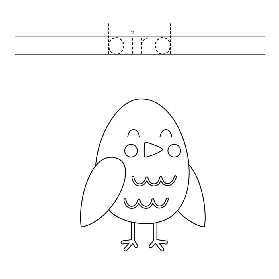 Verfolge die Buchstaben und male den süßen Vogel aus. Handschriftübungen für Kinder. vektor
