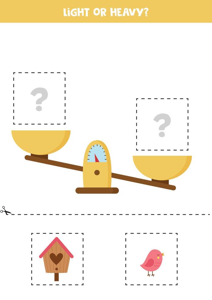 lätt, tung eller lika. klipp bilderna nedan och limma till höger ruta. vektor