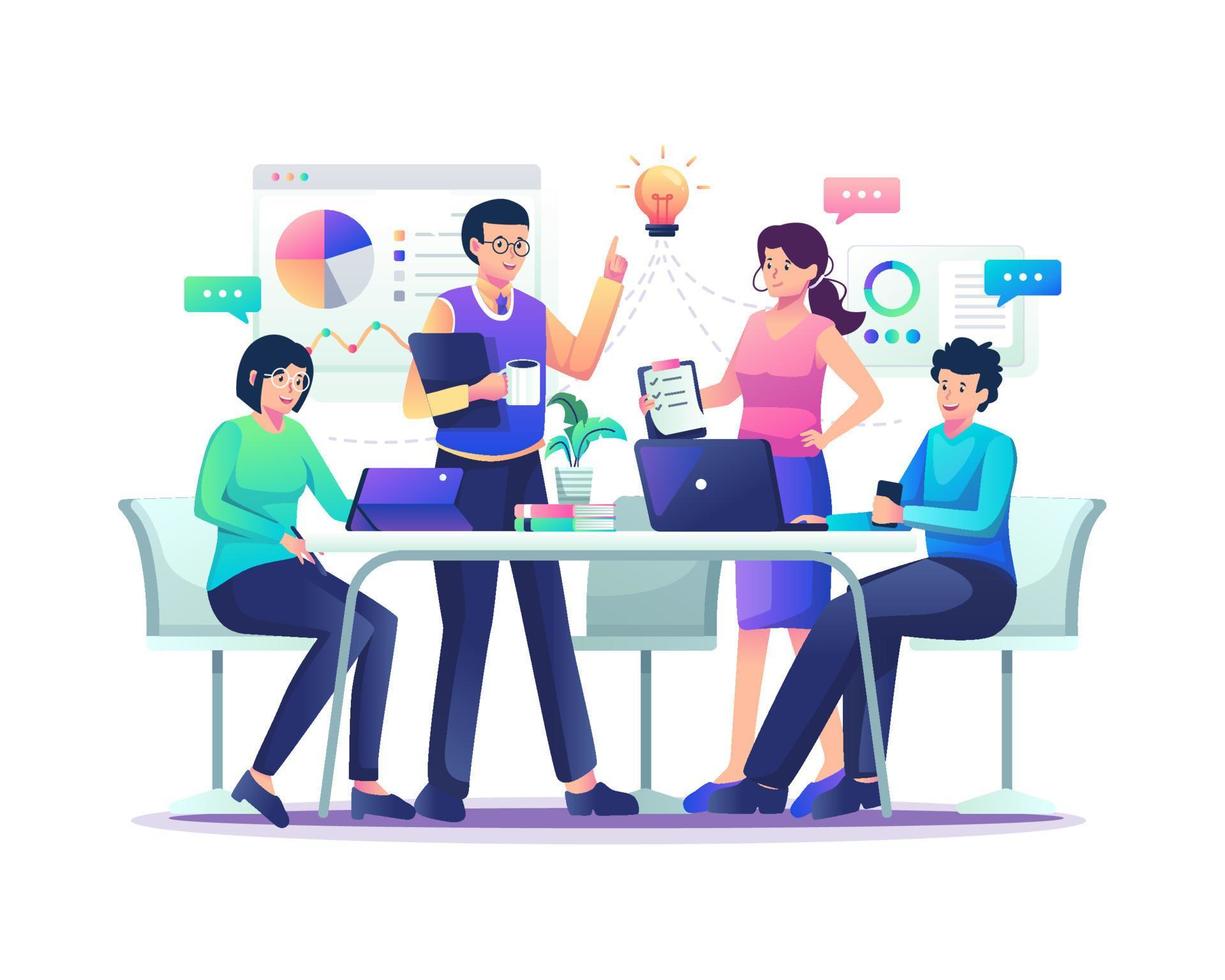 Menschen, die in einem Tischmeeting und dem Co-Working Shared Space Office arbeiten. Teamarbeit, geschäftliche Zusammenarbeit und Diskussion. flache Vektorillustration vektor