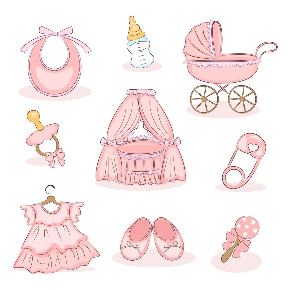 set med rosa färg babytillbehör för en flicka, babykläder och tillbehör, moderskapskoncept, baby shower, vektoruppsättning, isolerade element vektor