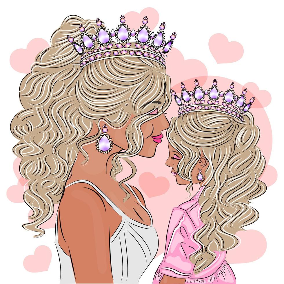 mamma och dotter älskar varandra i en glamorös krona, vackra klänningar på mamma och dotter, kronor på deras huvuden, realistisk illustration som visar mamma och dotter som en drottning och prinsessa, vektor