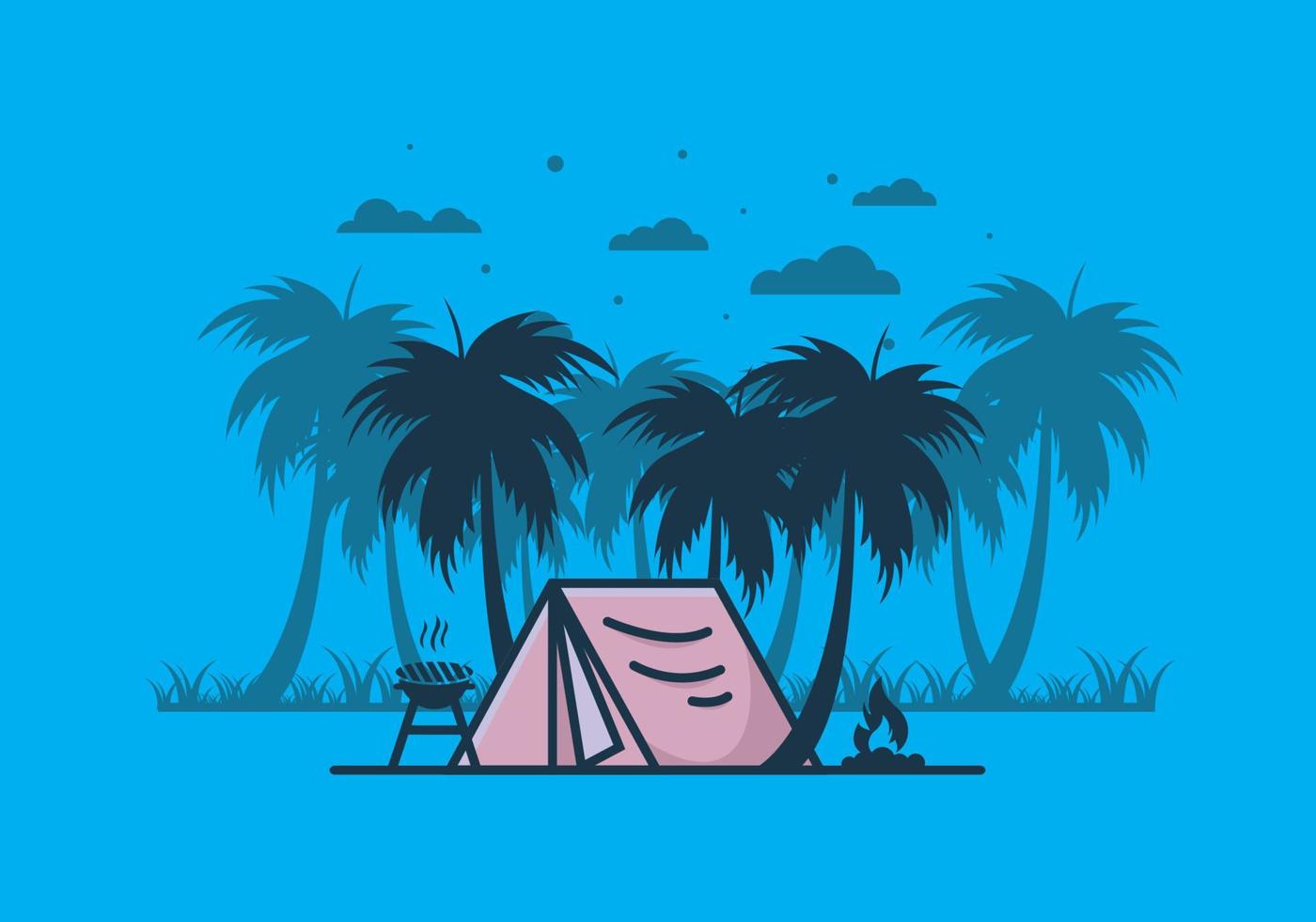 bunte campingzelt- und kokospalmenillustration vektor
