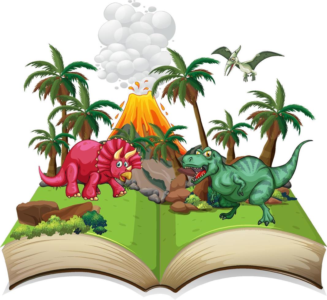 öppnad bok med olika dinosaurier tecknad vektor