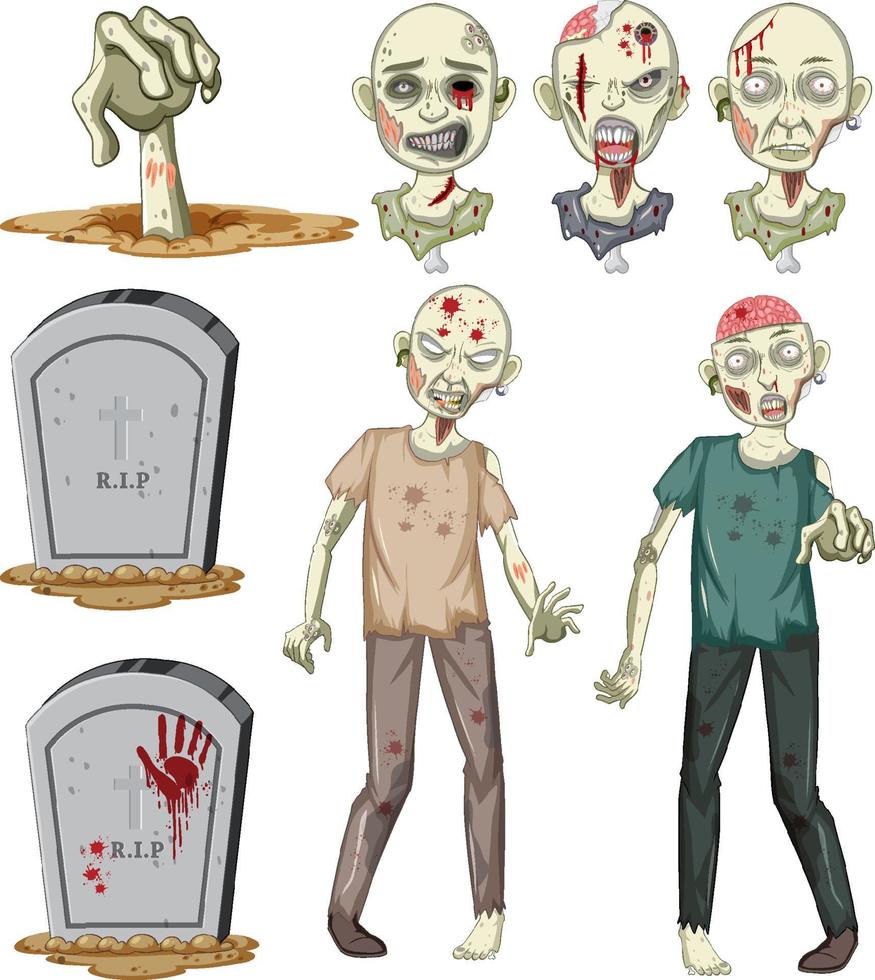 uppsättning halloween zombieobjekt vektor