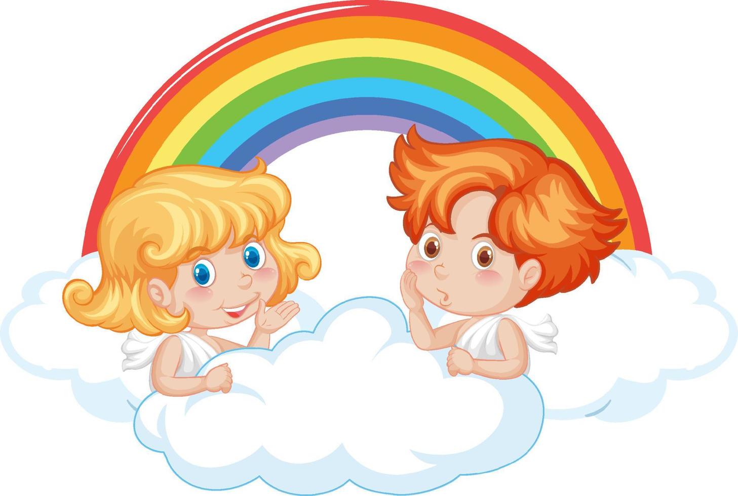 ängel pojke och flicka på ett moln med regnbåge i tecknad stil vektor