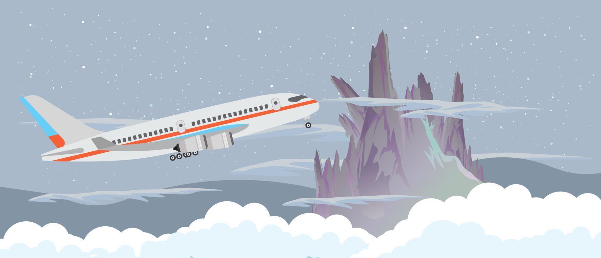 flygplan flyger på himlen på natten nära ett berg och moln vektor platt design illustration banner