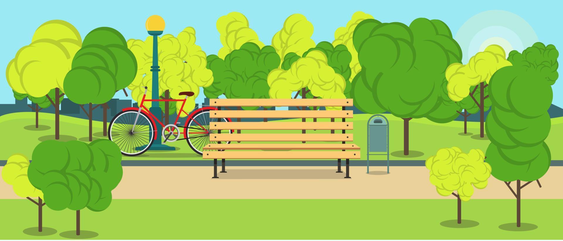 Park mit Bank, Straßenlaterne und rotem Fahrradvektorkonzept, Landschaft, flaches Illustrationsdesign vektor