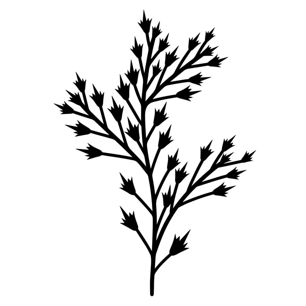 vektorillustration av en växtgren med taggar. handritad tunn kontur, svart doodle. botaniska element, växt siluett isolerad på vit bakgrund vektor