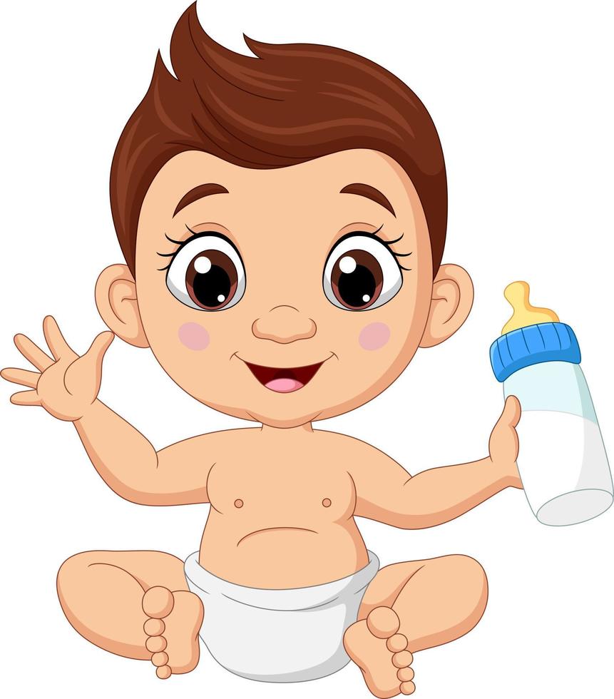 tecknad liten pojke sitter med flaska mjölk vektor