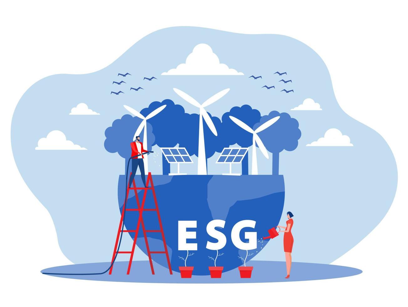 affärsman vattna växterna med esg eller ekologi problem koncept platt vektor illustratör