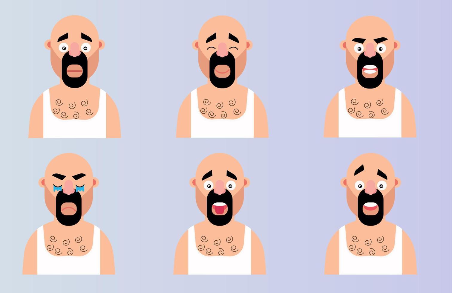 ställa in känslor tecknad man karaktär. platt vektorillustration skäggigt huvud med olika uttryck emoji design vektor