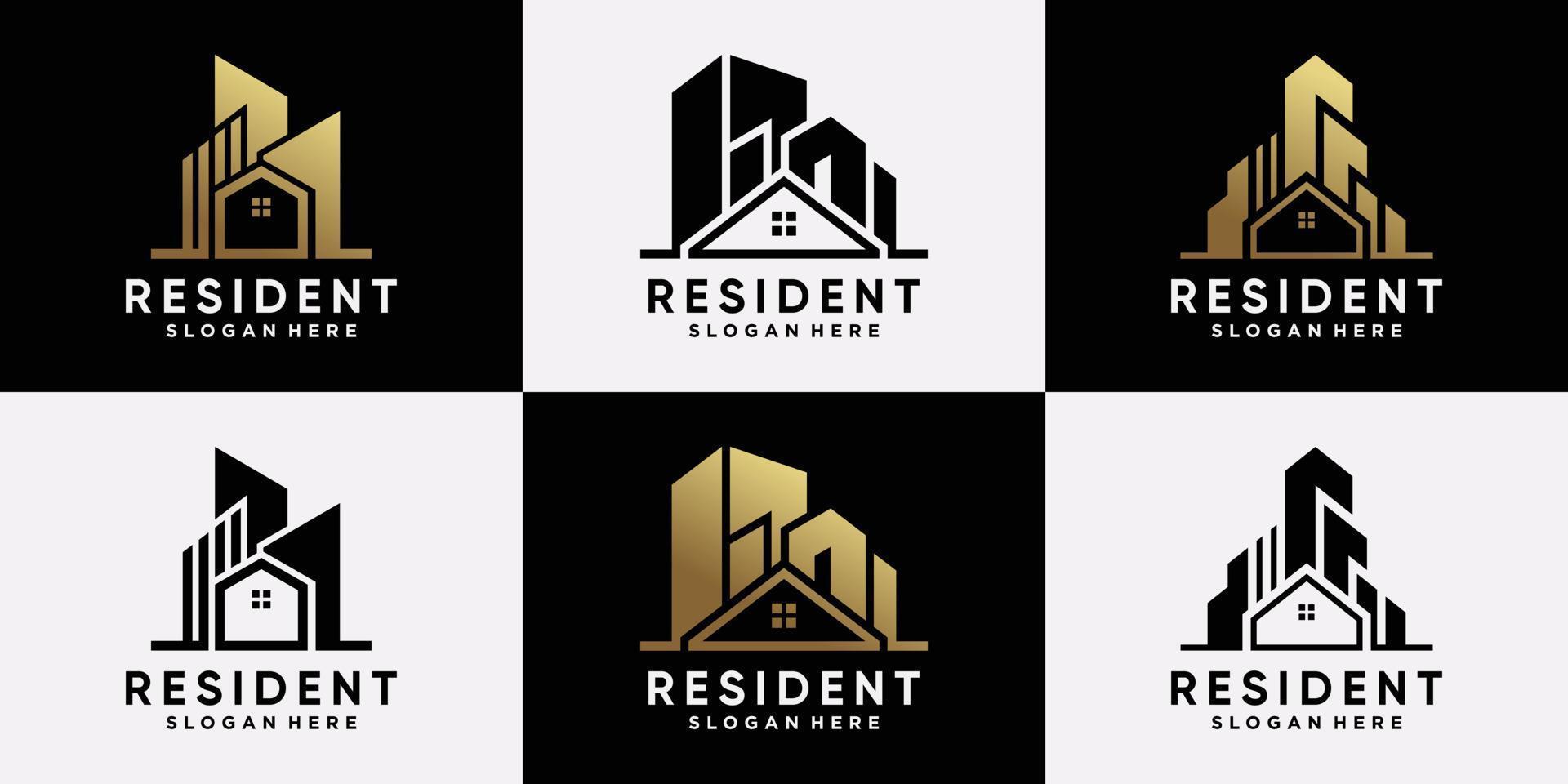 uppsättning av fastighetslogotypdesignmall med gyllene stilfärg och modernt koncept. ikon logotyp för företagsföretag premium vektor
