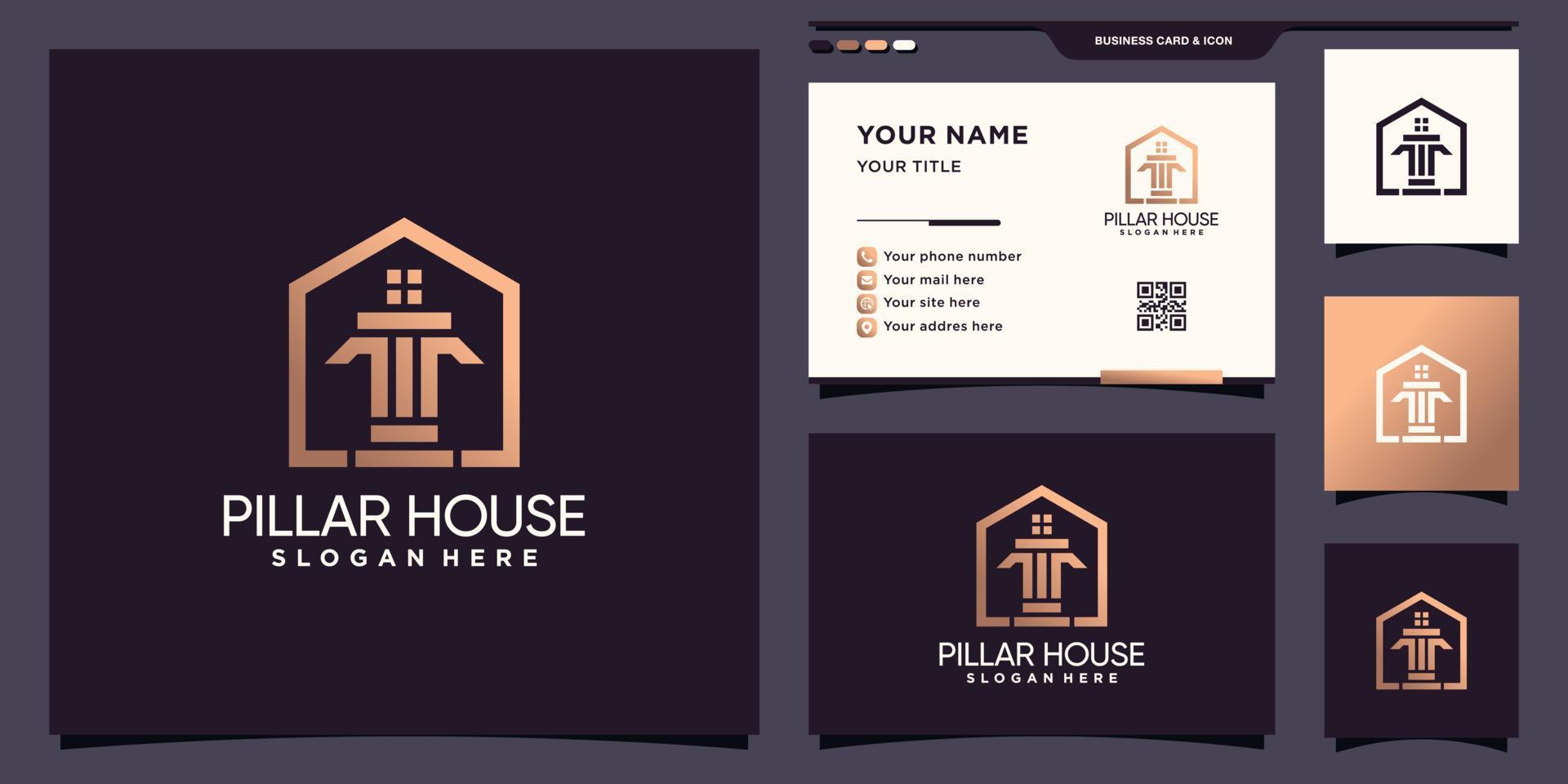 pelare och hus logotyp med linjekonst stil och visitkort design premium vektor