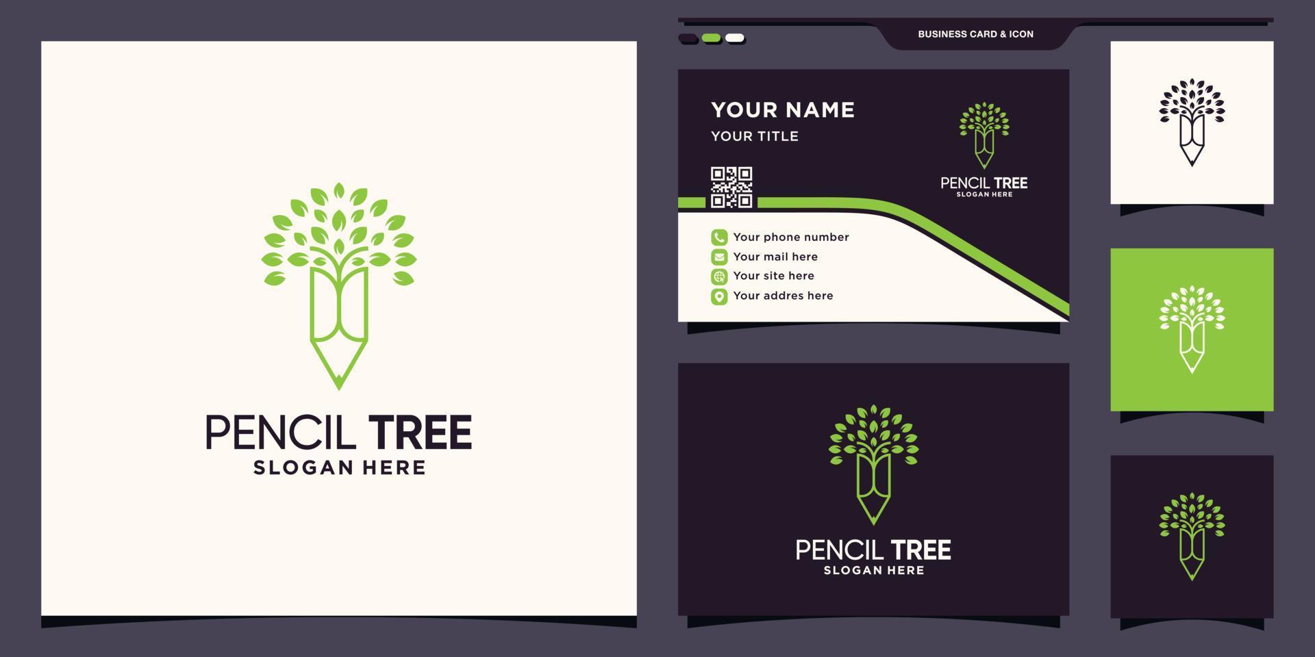 penna och träd logotyp med linjekonst stil och visitkort design premium vektor