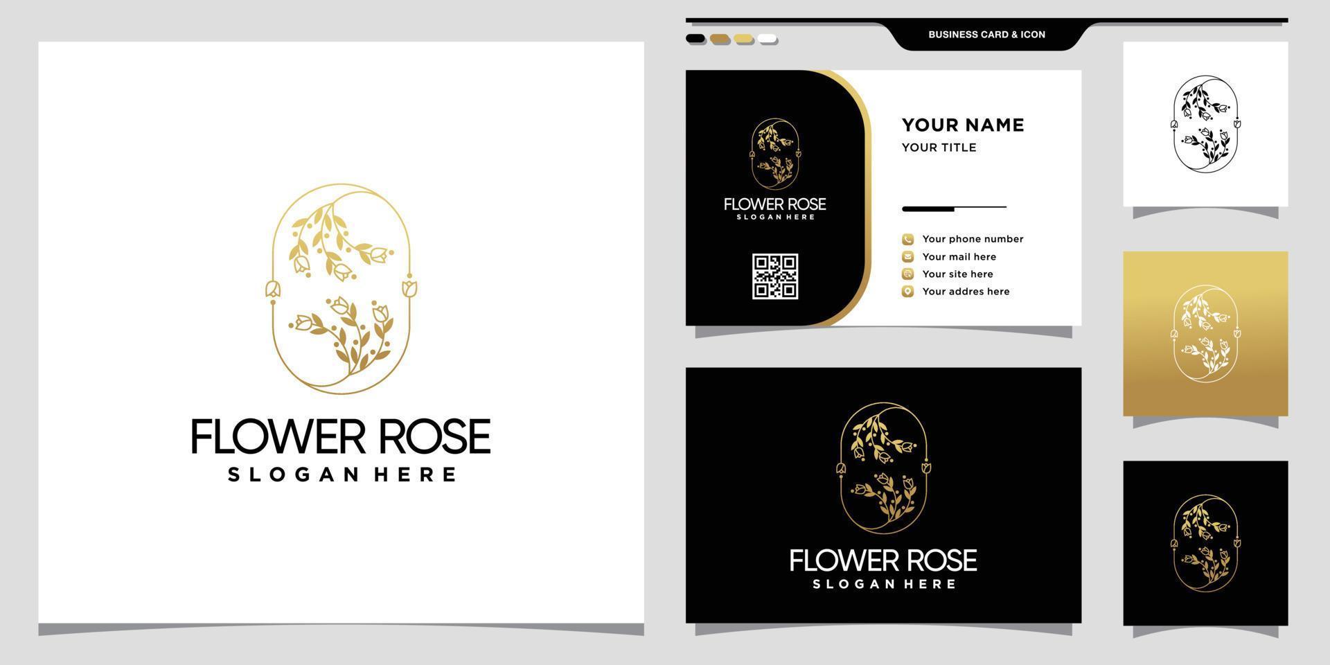 elegant blomma ros logotyp med gyllene linje konst stil och visitkort design premium vektor
