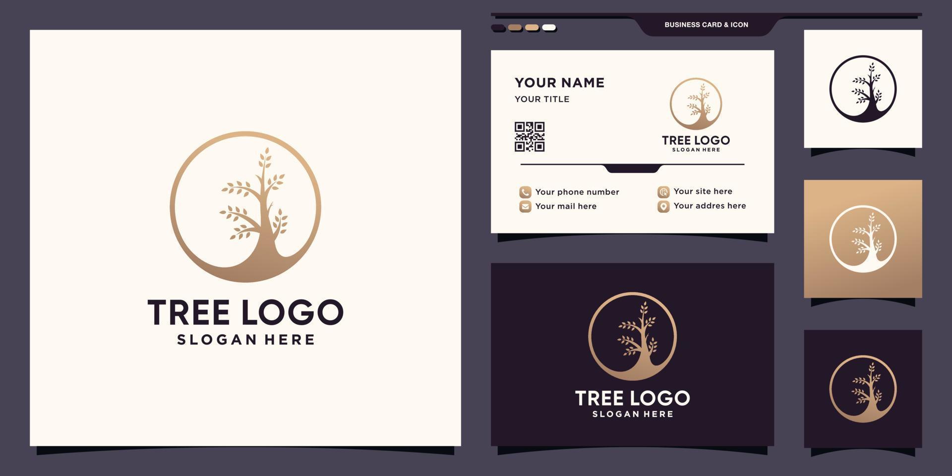 enkel och elegant träd logotyp med cirkel koncept och visitkort design premium vektor
