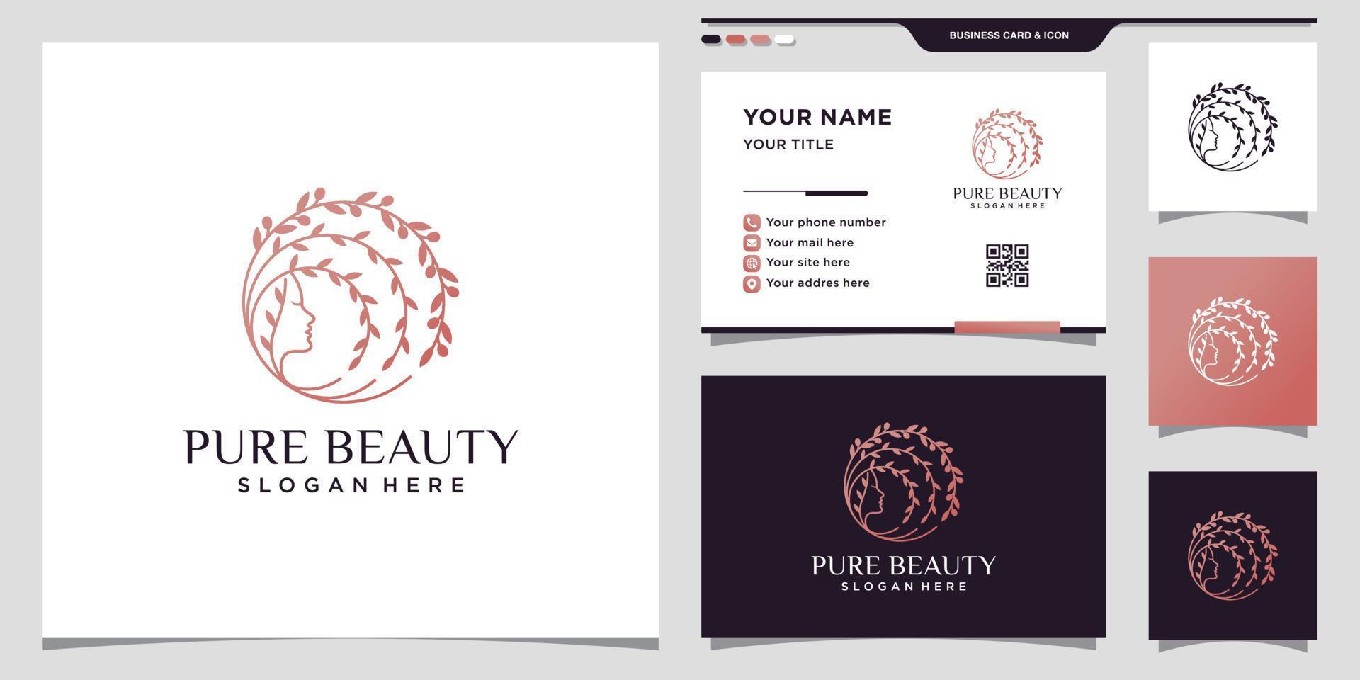 kreativ ren skönhet logotyp med kvinna ansikte linjär stil och visitkort design premium vektor