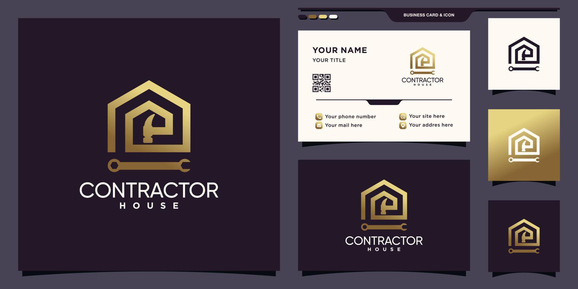 entreprenör och hus logotyp med verktyg i linjär stil och visitkort design premium vektor