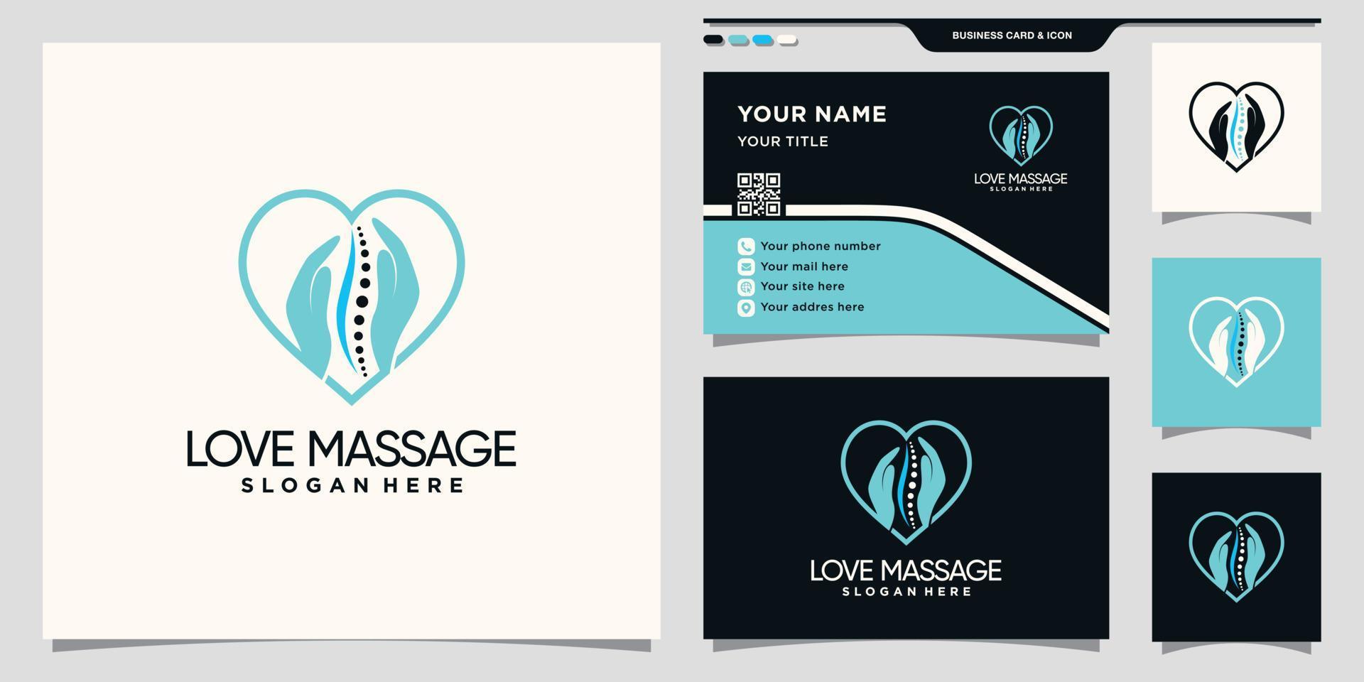 massage och hjärta logotyp med linjekonst stil och visitkort design premium vektor