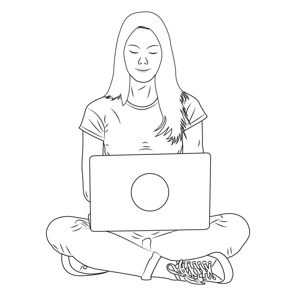 Frauencharakter mit Laptop für Malbuch. Vektor-Illustration vektor