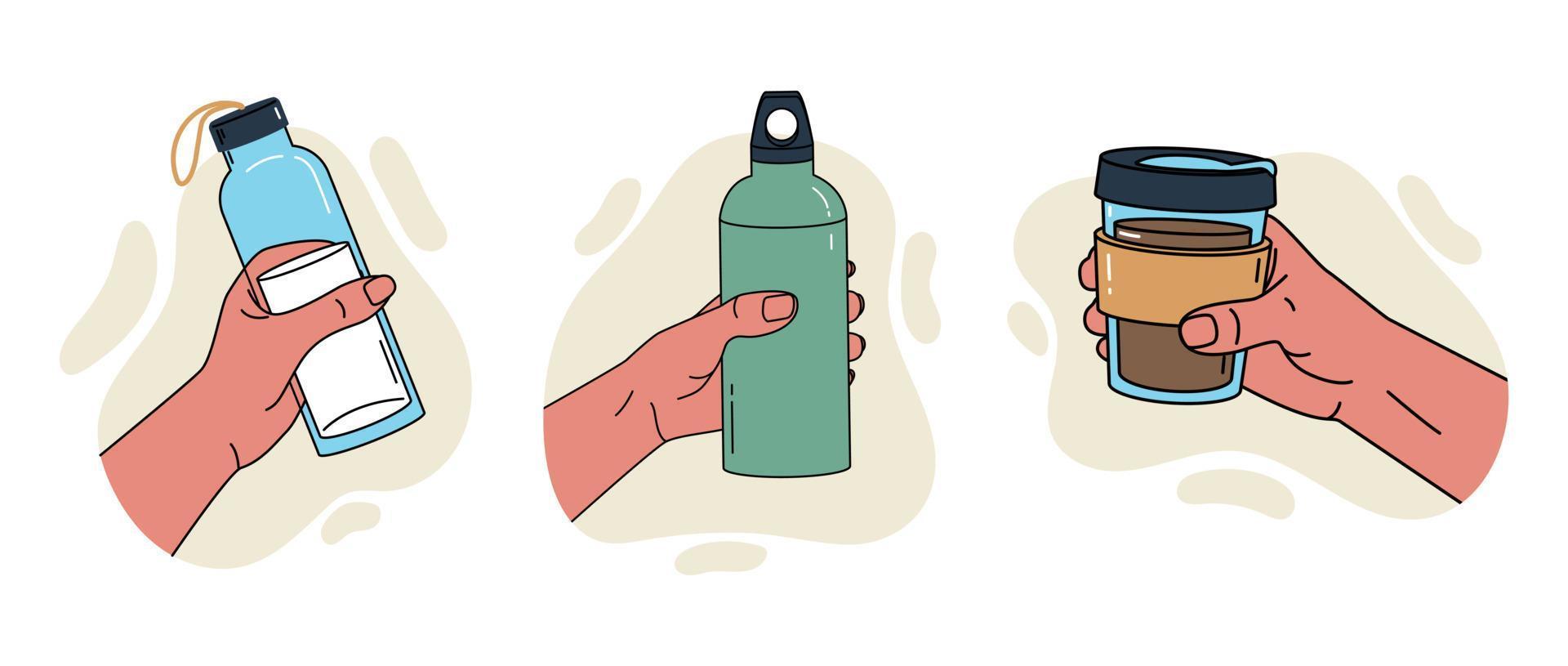 återanvändbar behållare för vätskor. olika poser av händer som håller en flaska vektor